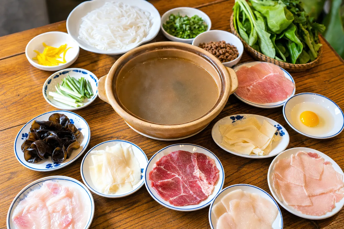 A bowl of Yunnan crossing-the-bridge noodles with side plates of raw ingredients