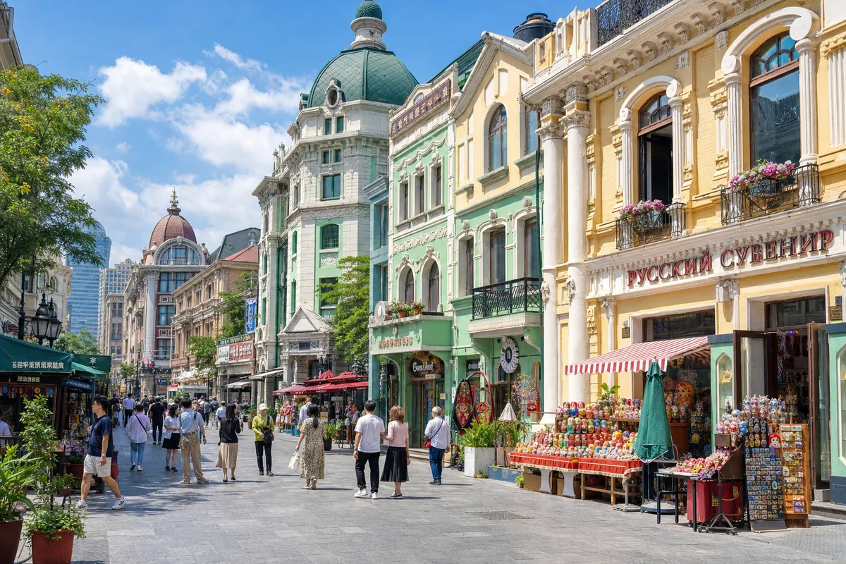Russian Street in Dalian with pastel Russian-era buildings