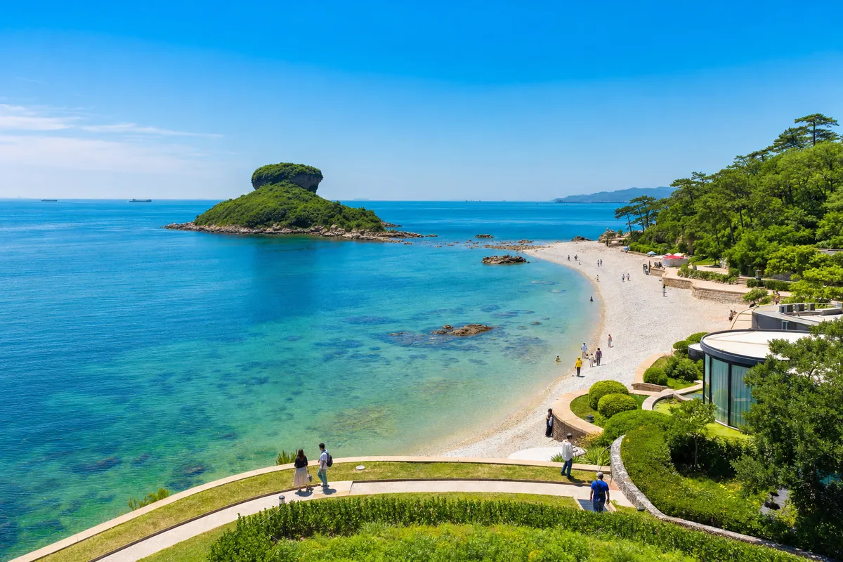 Bangchuidao coast with clear water and the offshore island in Dalian