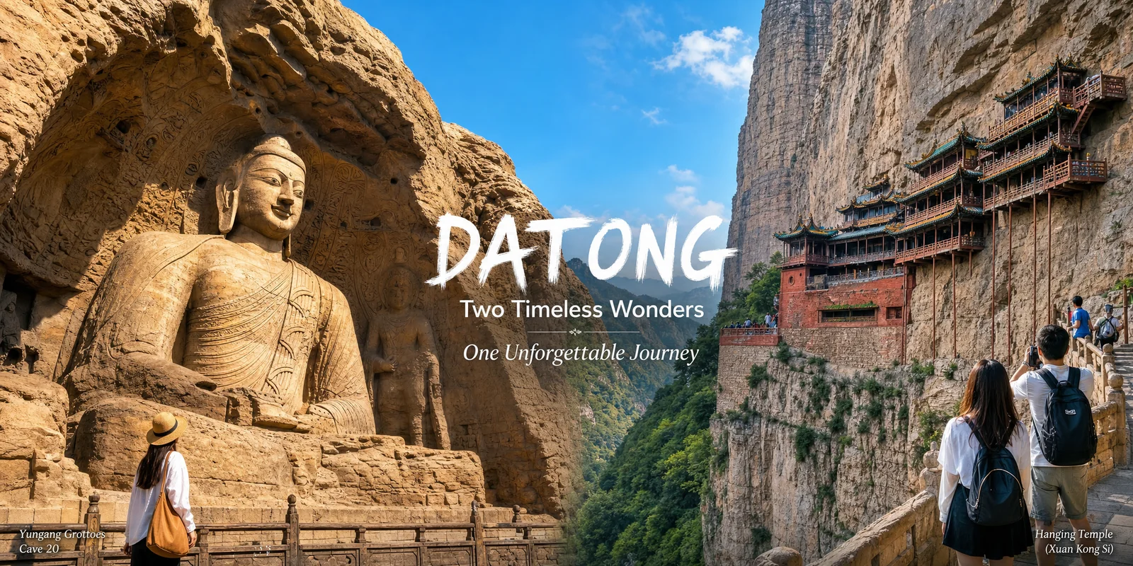 Yungang Grottoes seated open-air Buddha and the cliffside Hanging Temple near Datong
