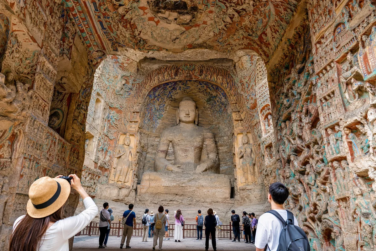 Detailed Buddhist carvings and statues inside a Yungang Grottoes cave