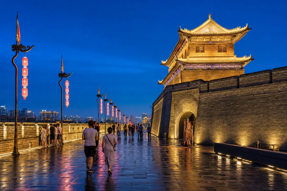 Datong city wall and gate tower illuminated at night