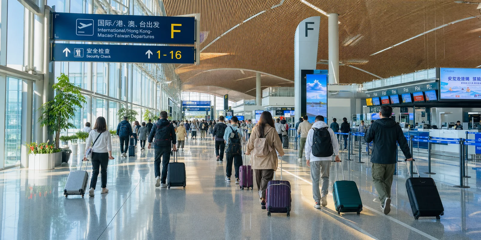 International departures hall at a Chinese airport with travelers heading to check-in counters