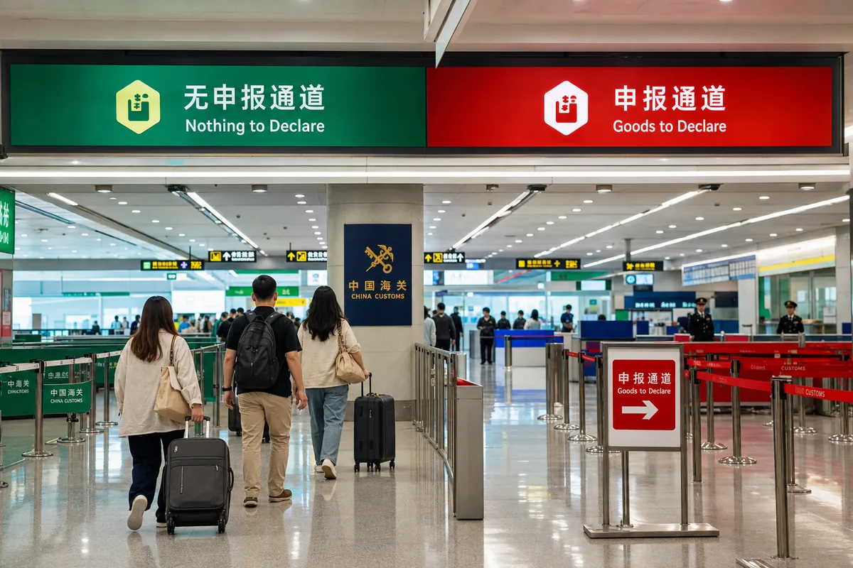 Airport customs red and green channels for departing travelers in China