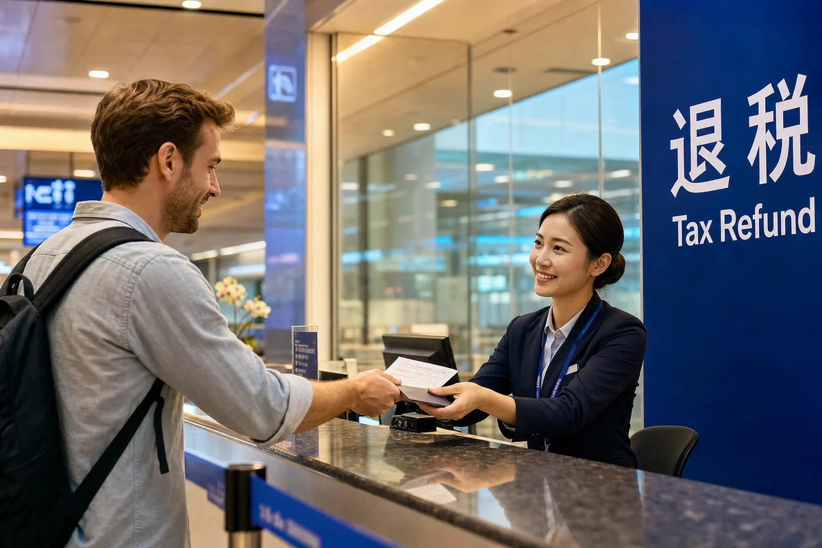 Departure tax refund counter where a traveler hands over a stamped refund form and passport