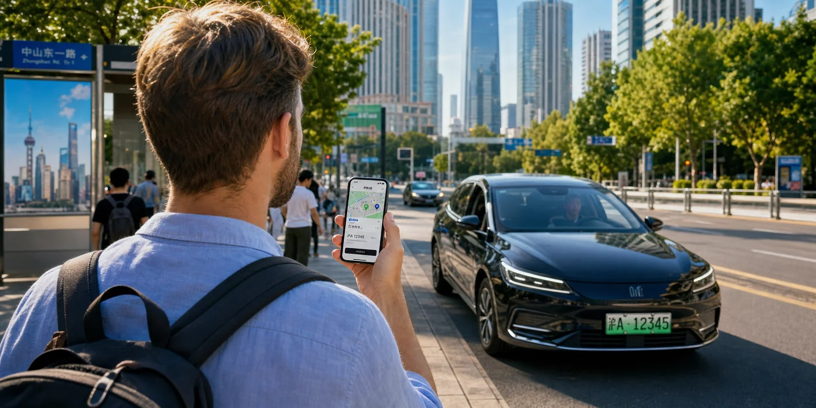Foreign traveler using the DiDi app on a smartphone to hail a car on a Chinese city street