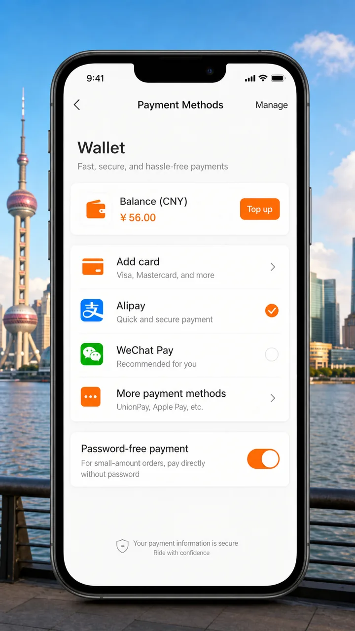 DiDi app payment methods screen showing the option to add an international bank card