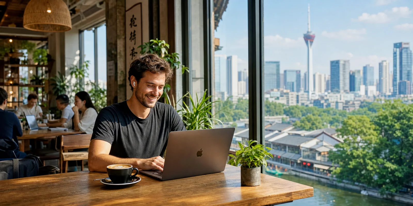 Digital nomad working on a laptop in a Chengdu coworking cafe with city skyline visible