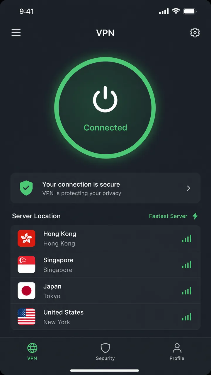 VPN app connection screen showing server selection for use in China