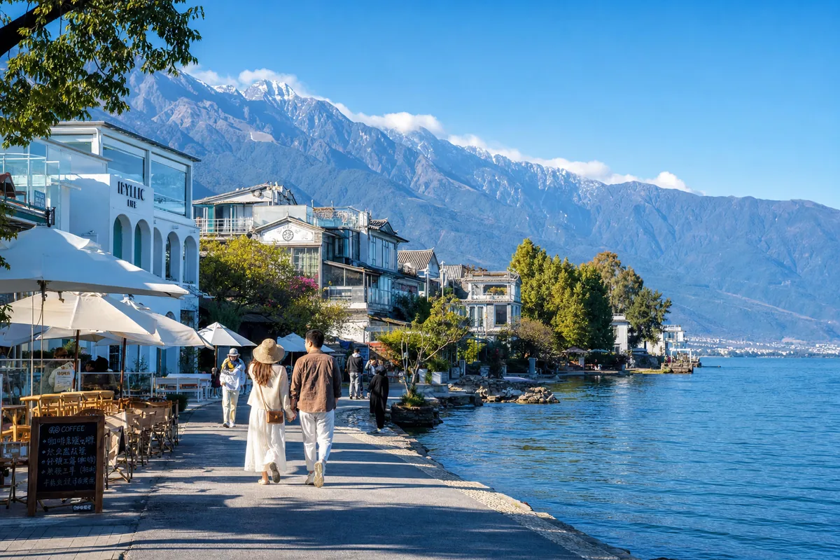 Lakeside view in Dali with Cangshan mountains, a popular base for digital nomads in China