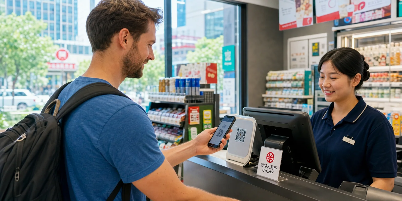 Foreign tourist paying with a digital yuan QR code at a shop counter displaying the e-CNY acceptance logo in China