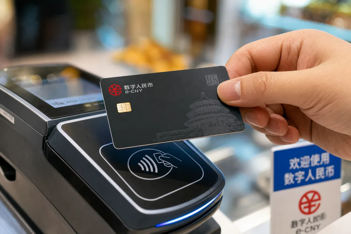 Digital yuan hardware wallet card being tapped on an NFC point-of-sale terminal in China