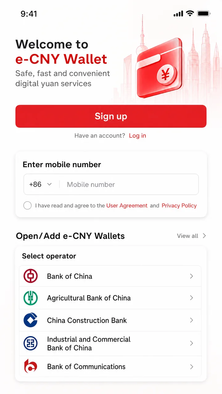 e-CNY app screen showing the sign-up and open-wallet steps for setting up a digital yuan wallet