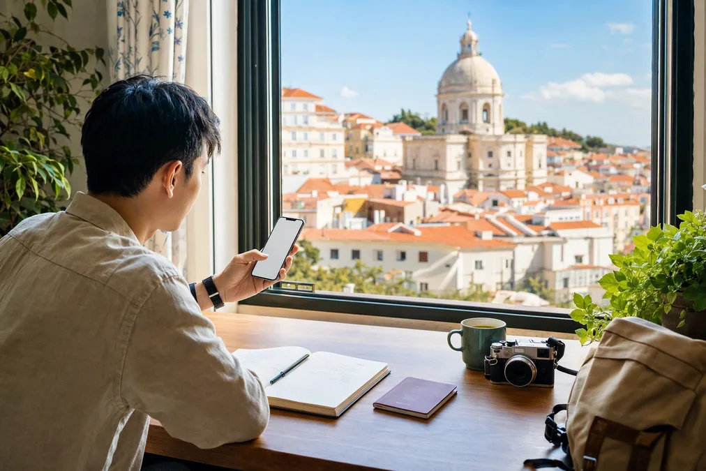 Traveler checking travel requirements on a phone with a passport and notebook on the table