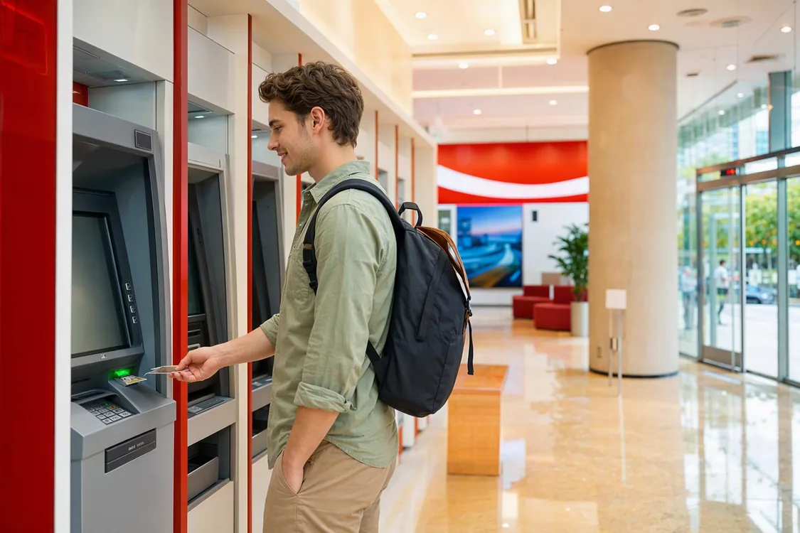 Western traveler withdrawing cash at an ATM inside a Chinese bank self-service banking area