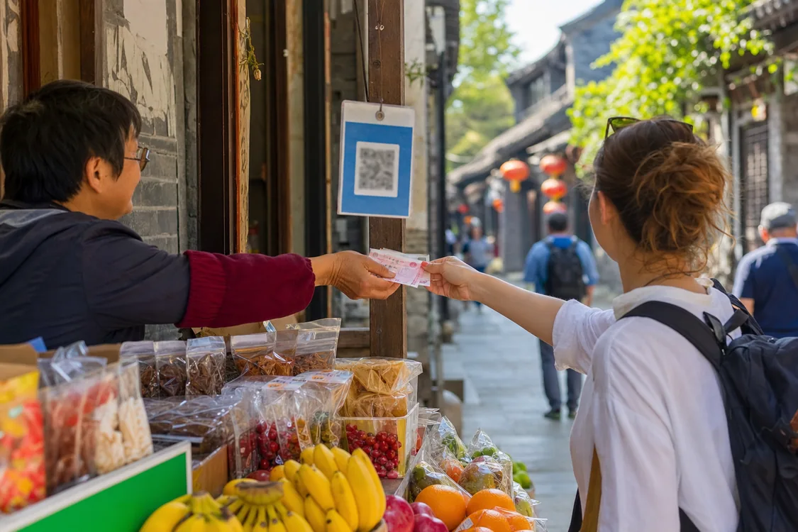 Market vendor in a Chinese old town handing yuan banknotes as change to a tourist, with a QR payment sign on the stall