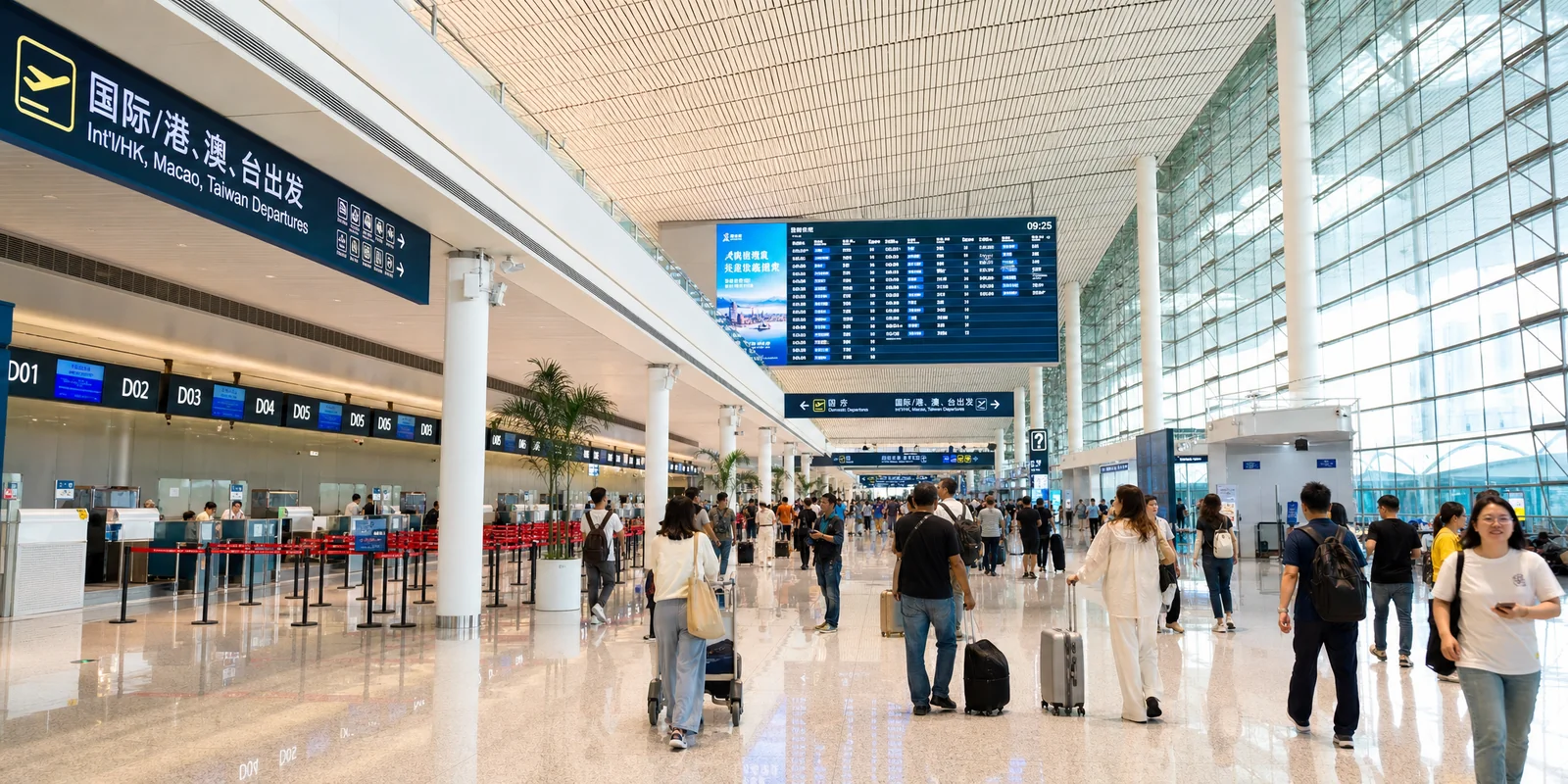 Departure hall of a major Chinese airport for domestic flights with travelers and check-in counters