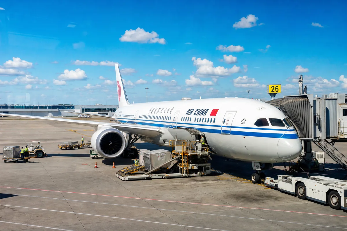 A Chinese domestic airliner parked at the gate on the tarmac under clear sky