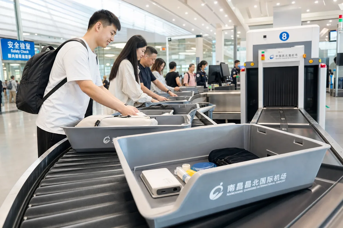 Airport security checkpoint where travelers place bags, liquids and a power bank in trays