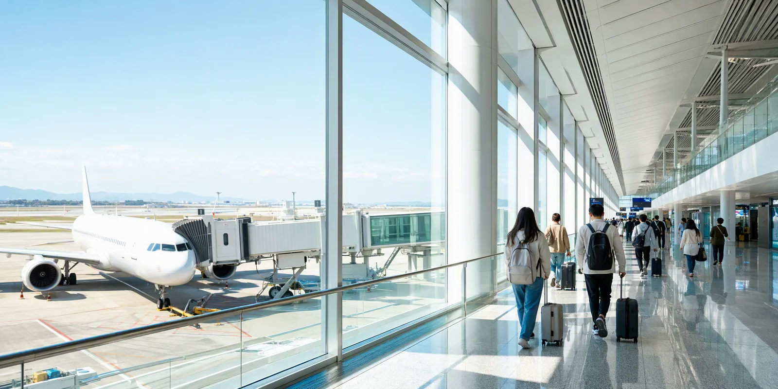 Travelers with carry-on bags walking toward a gate in a Chinese domestic terminal, with an airliner at the window