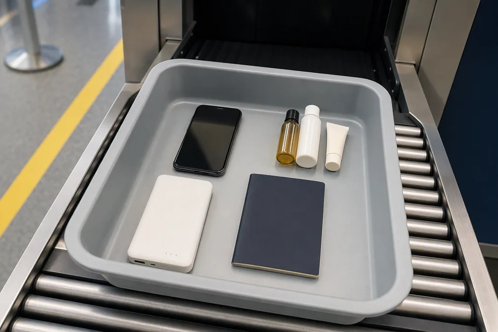 A security tray holding a power bank, a phone, small cosmetics and a passport before the X-ray machine