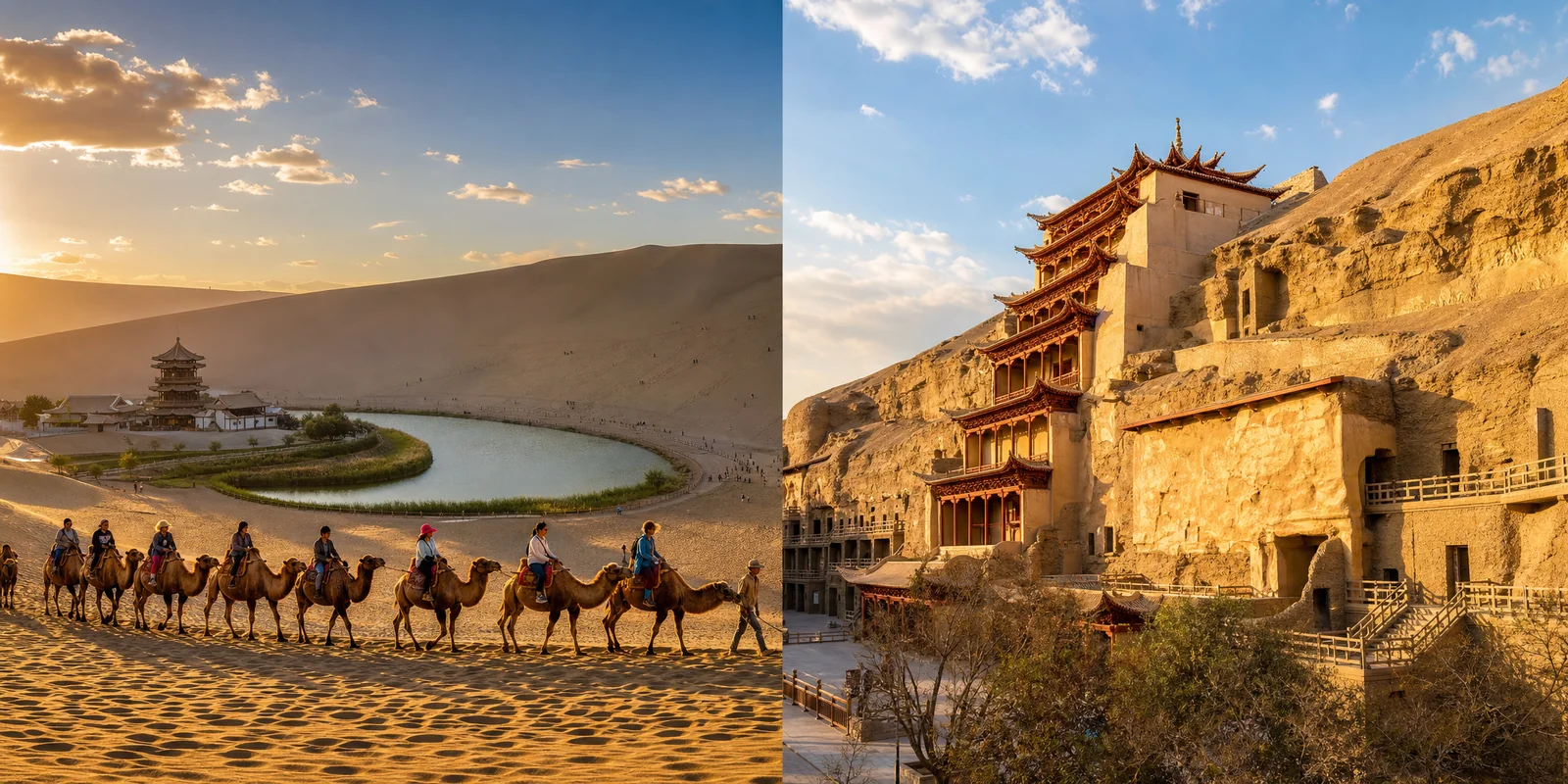 Dunhuang Silk Road scenes: camel caravan over Mingsha dunes by Crescent Moon Spring and the Mogao Caves cliff face at golden hour