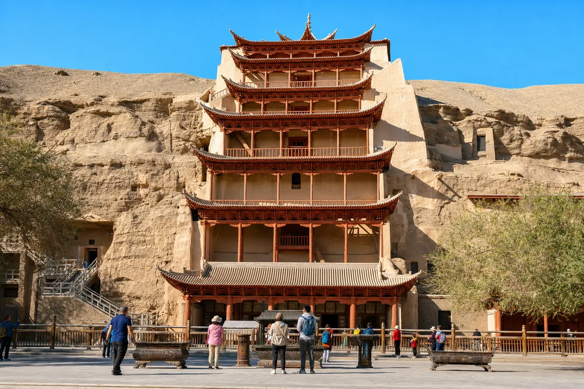 The nine-story wooden pagoda and cliff-face caves at the Mogao Grottoes in Dunhuang