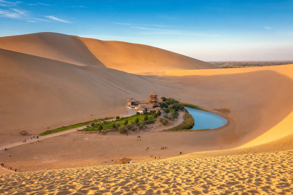 Crescent Moon Spring oasis surrounded by the Mingsha sand dunes near Dunhuang