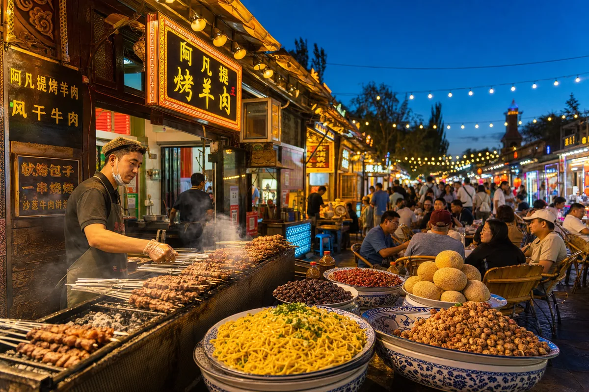 Lamb skewers grilling at the Shazhou Night Market in Dunhuang