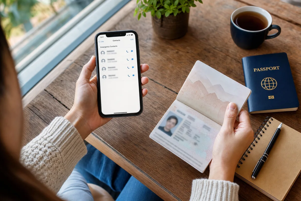 Traveler saving embassy emergency contacts and a passport photo on a smartphone