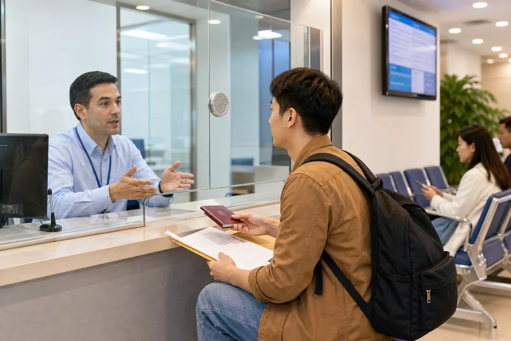 A consular service window with a staff member behind glass assisting a visitor holding documents