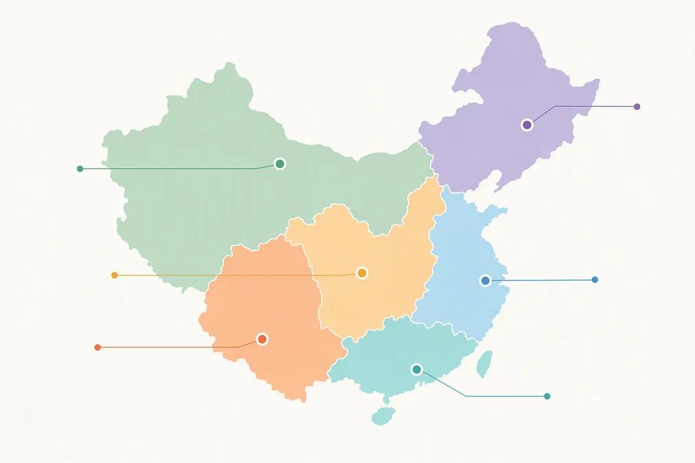 A simplified map graphic showing consulate cities in China and the regions each typically covers