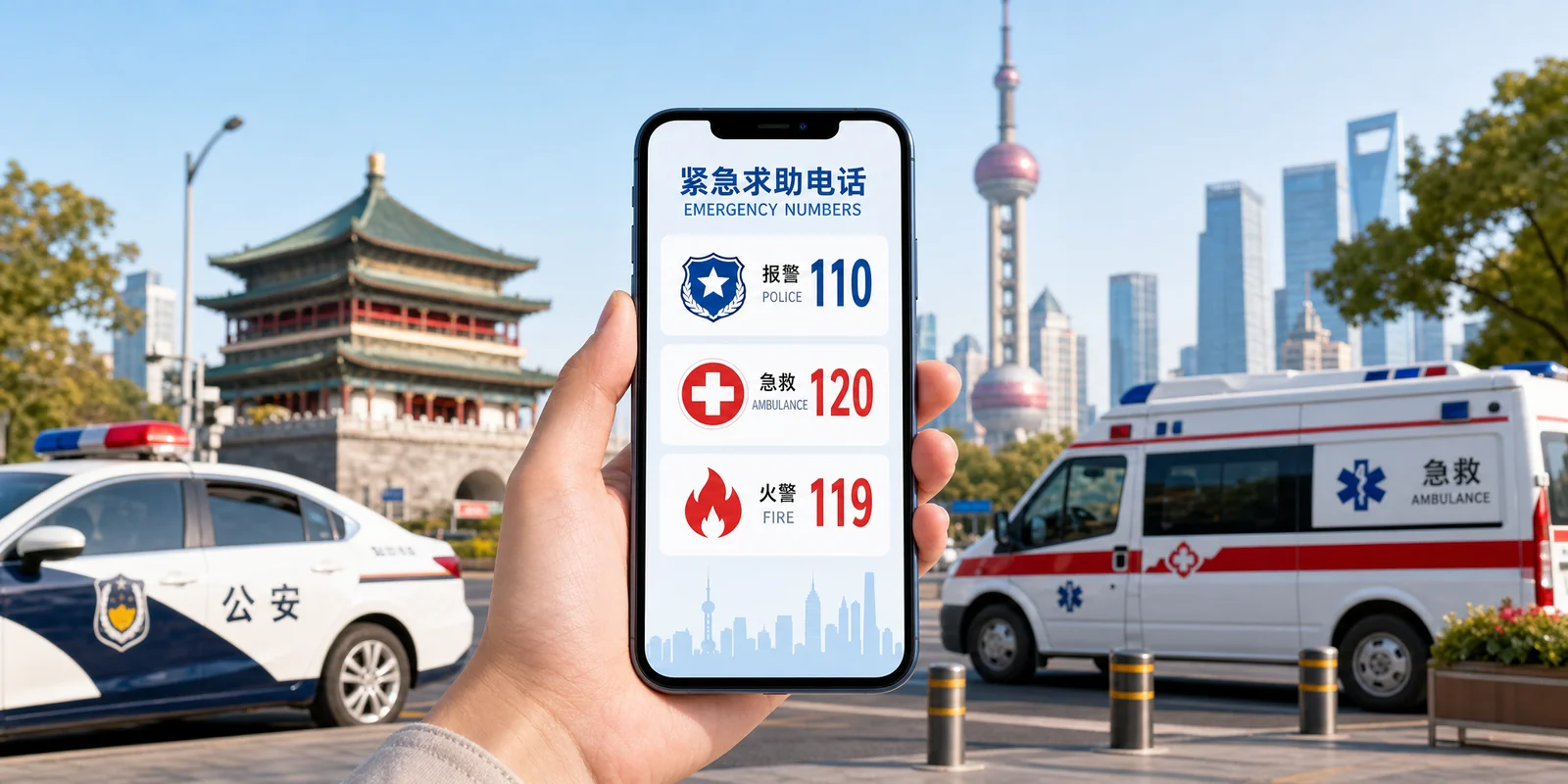Smartphone showing China emergency numbers 110, 120 and 119 with a city street and emergency vehicles in the background