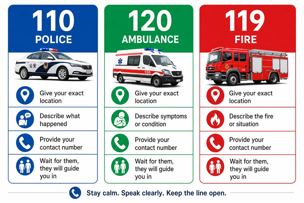 Infographic comparing what to say when calling 110 police, 120 ambulance, and 119 fire in China