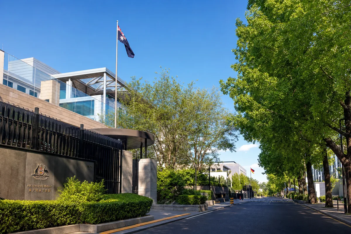 Embassy buildings with foreign flags in the diplomatic district of Beijing