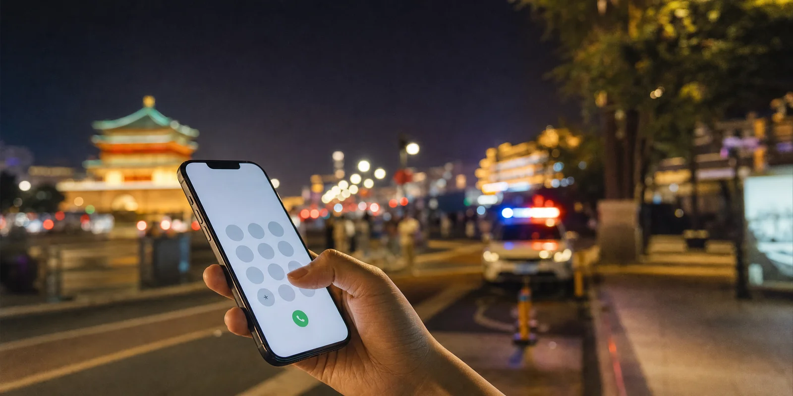 A traveler holding a phone with the dialer open on a Chinese city street at night, ready to call an emergency number