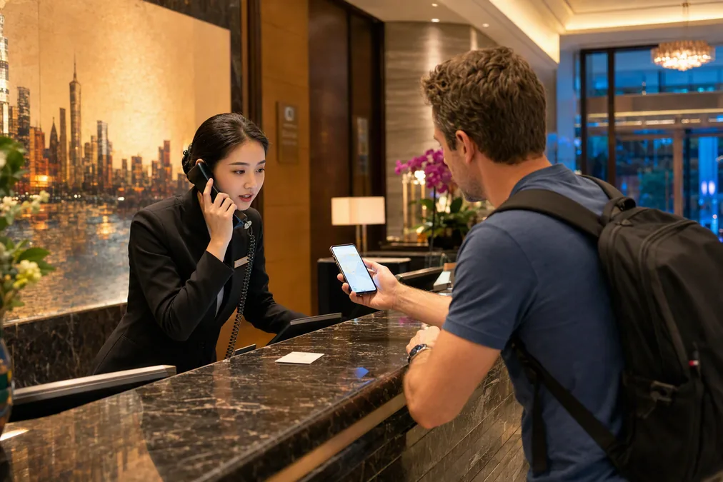 A hotel receptionist in China helping a foreign guest make a phone call at the front desk