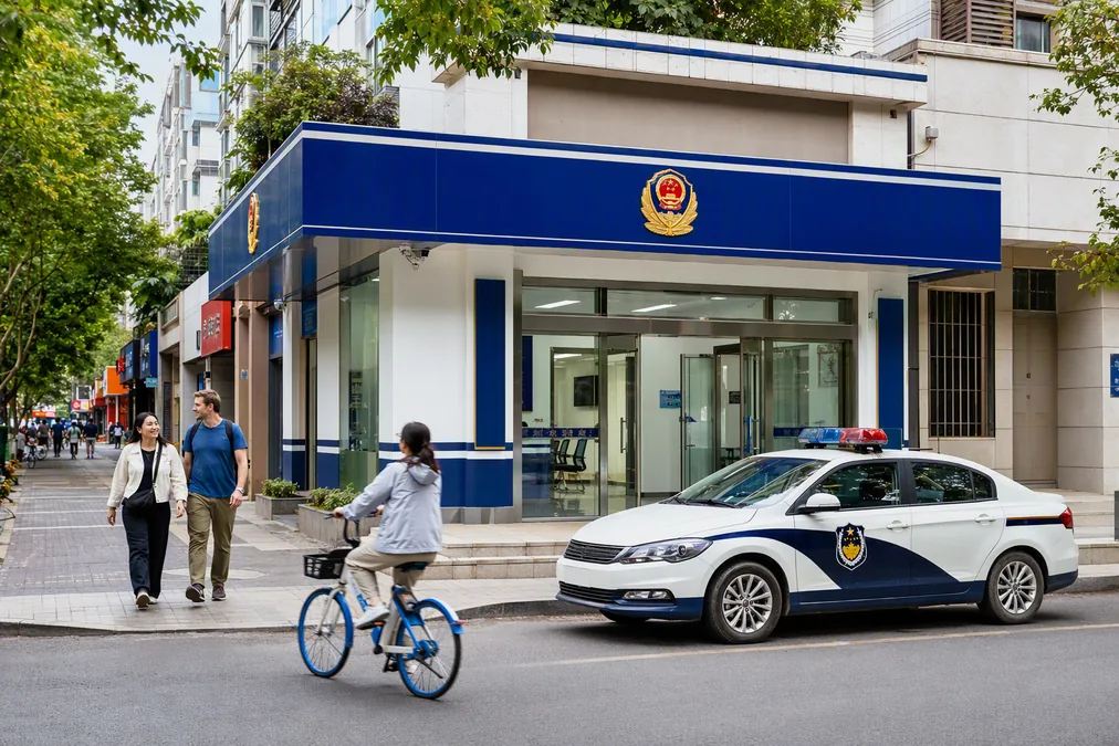 The entrance of a neighborhood police station in a Chinese city with a police car parked outside