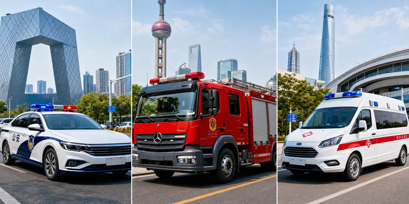 China emergency services overview showing police, fire, and ambulance vehicles with emergency numbers 110, 119, 120