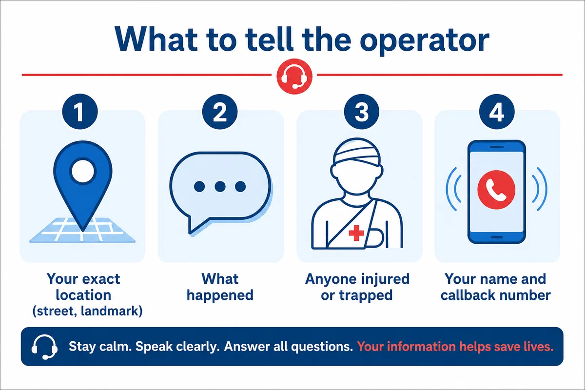 Infographic showing what information to give when calling China emergency numbers: location, what happened, injuries, name and callback number