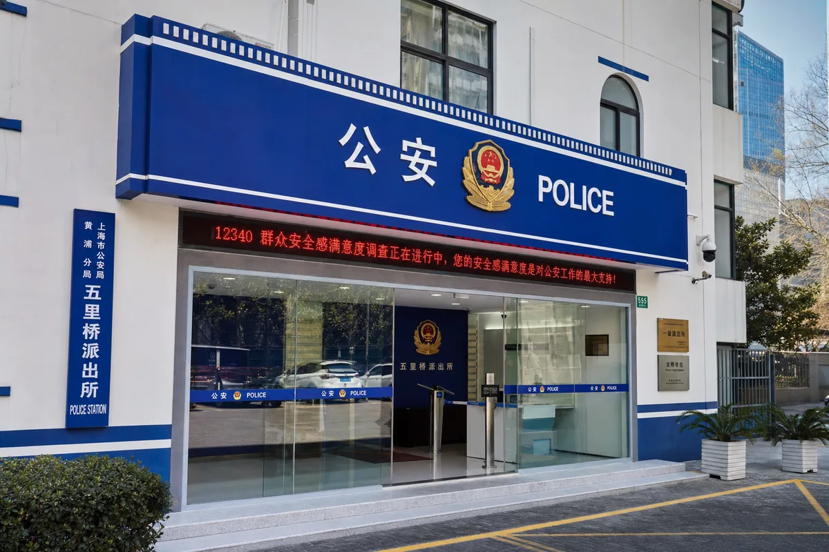 Exterior of a local Chinese police station where travelers report theft and obtain a loss report receipt