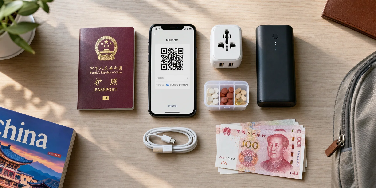 China travel essentials laid out flat: passport, phone with Alipay QR code, universal plug adapter, power bank, medication and RMB cash