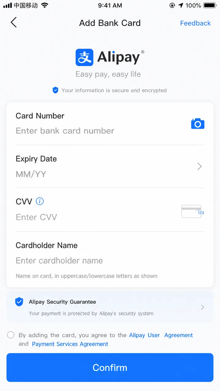 Alipay add-bank-card screen showing fields for linking a foreign credit card on a smartphone
