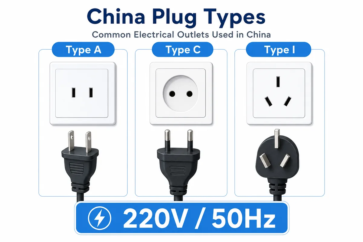Diagram of China plug socket types A, C and I with 220V 50Hz label