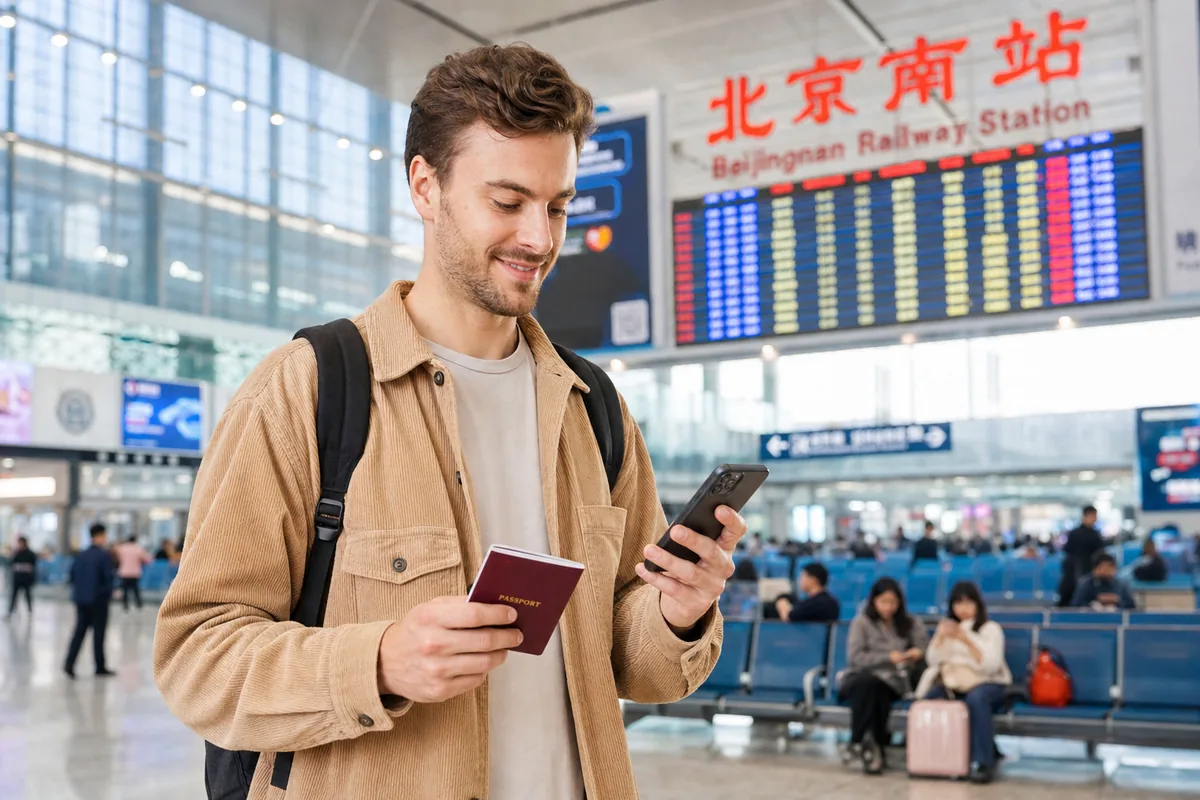 Foreign traveler holding passport and smartphone inside a modern Chinese high-speed train station