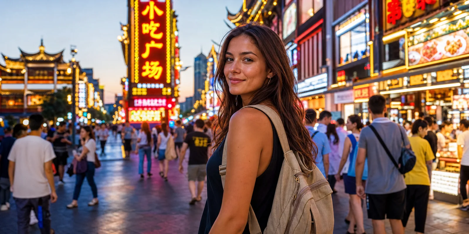 Solo female traveler with a backpack on a bright, busy Chinese city street at night