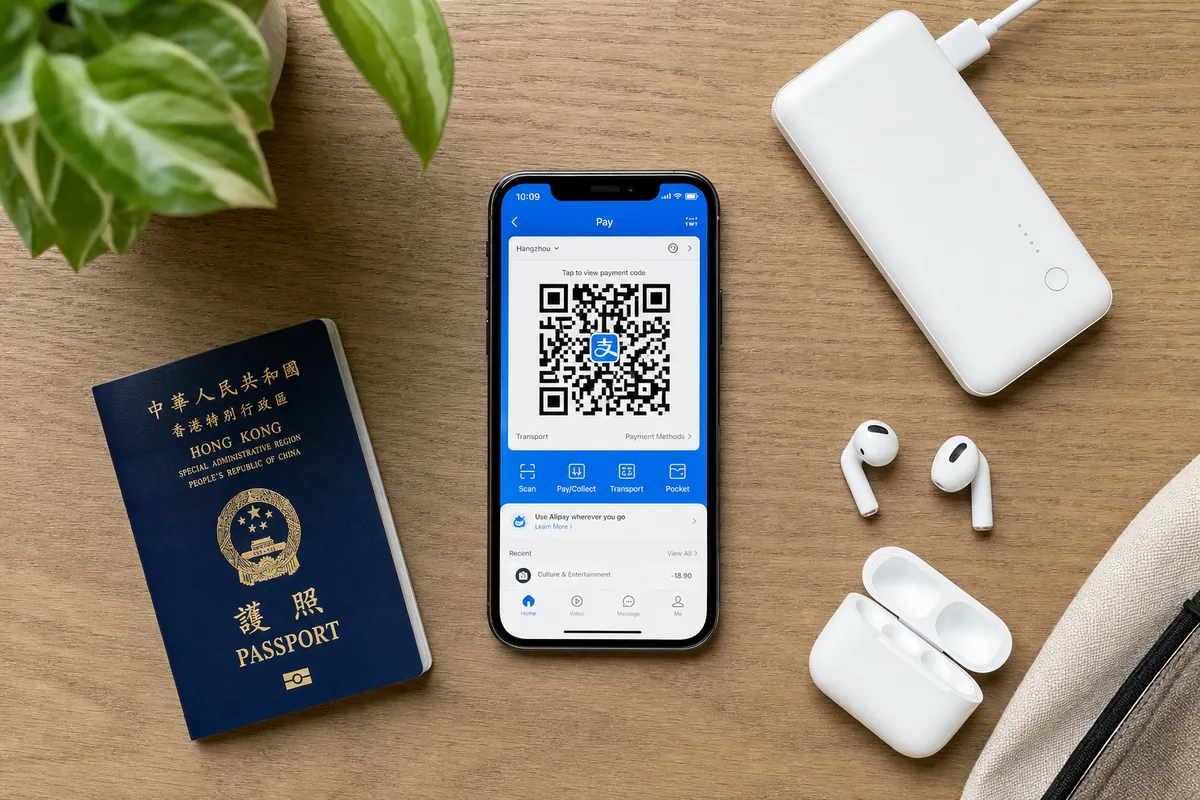 Smartphone showing payment and map apps next to a power bank, illustrating pre-trip setup for China