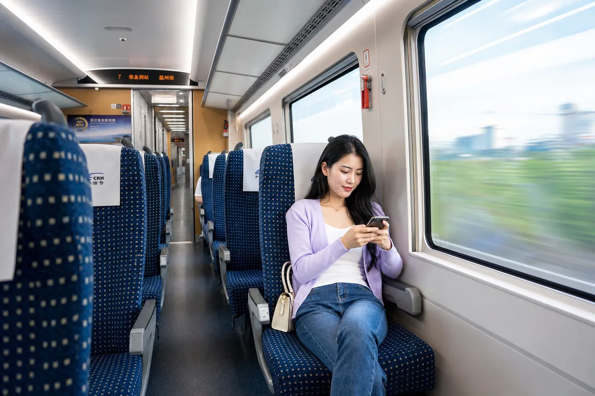 Woman traveling alone seated in a clean, bright Chinese metro or high-speed train carriage