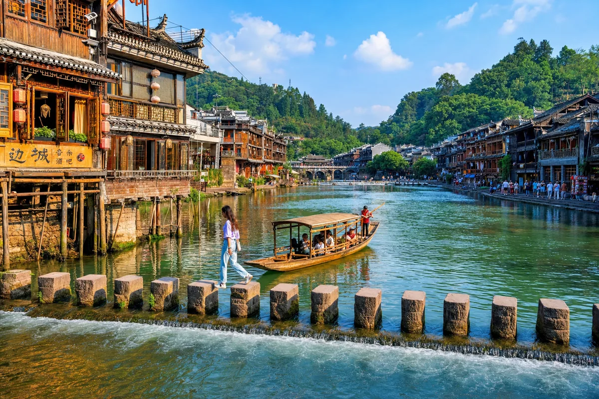 Stone stepping stones and a wooden boat on the Tuojiang River with stilt houses on both banks