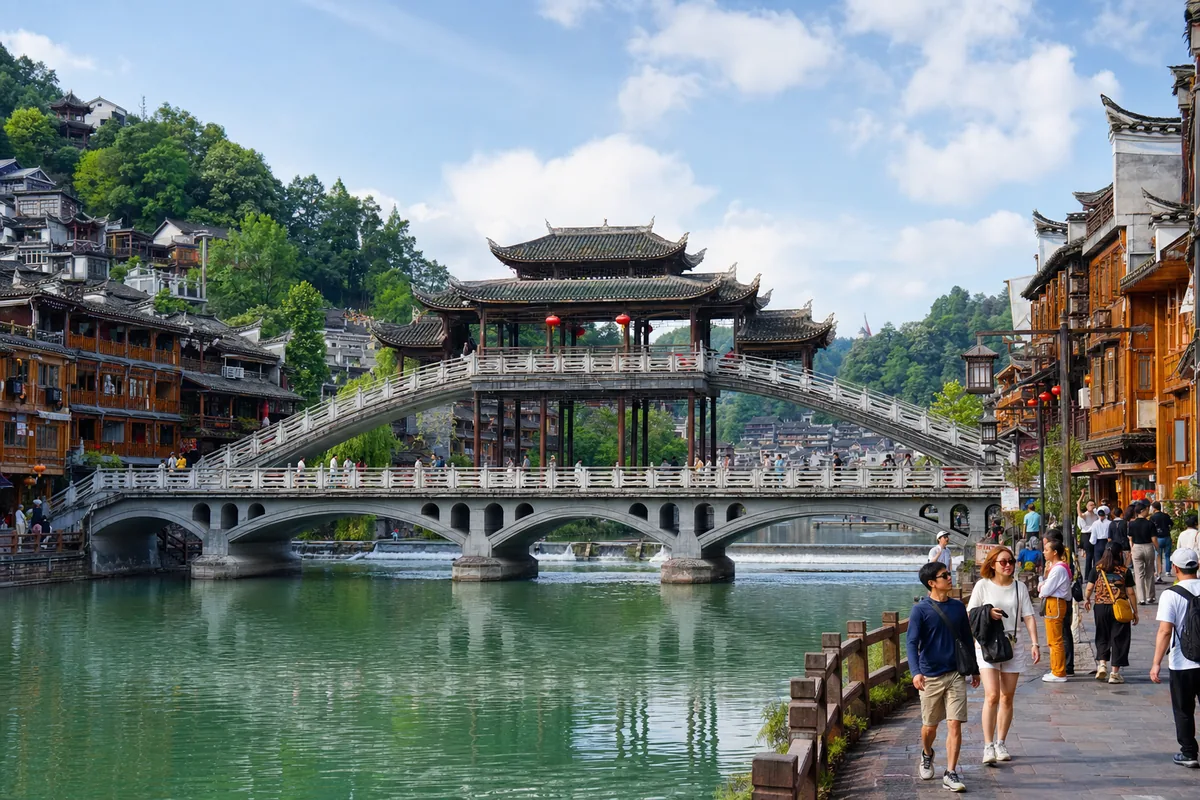 Rainbow Bridge, a covered Ming-dynasty bridge spanning the Tuojiang River in Fenghuang
